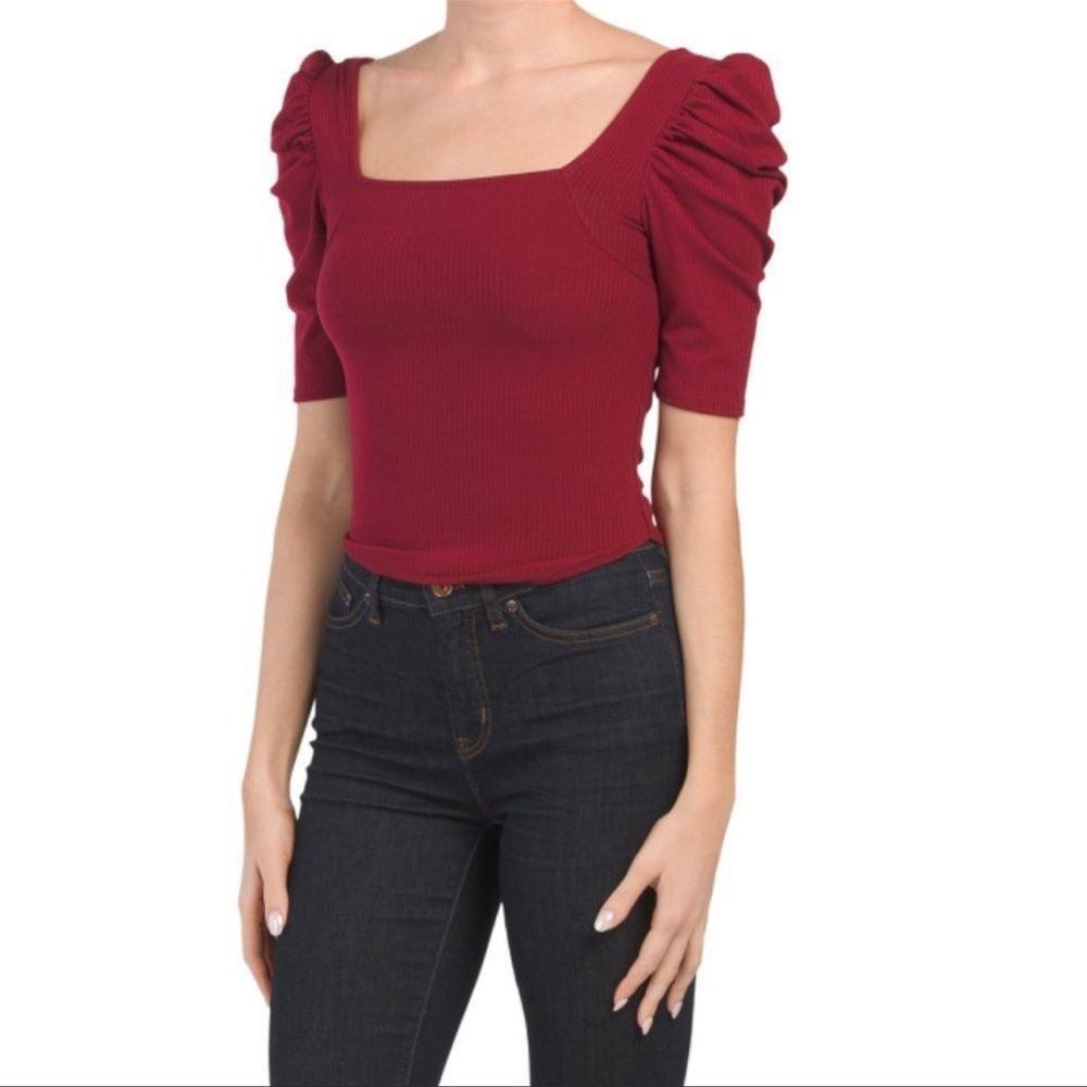 Free People We the Free Night Lily Square Neck Ribbed Top Womens Large Burgundy